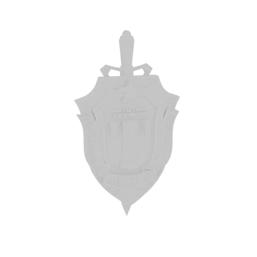 3D model of a detailed shield and sword emblem, rendered in a light grey material against a white background.