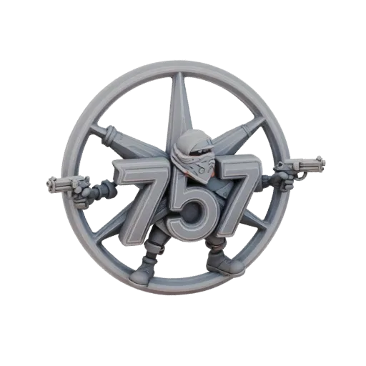 3D model of "757" emblem as a character with pistols, integrated into a wheel