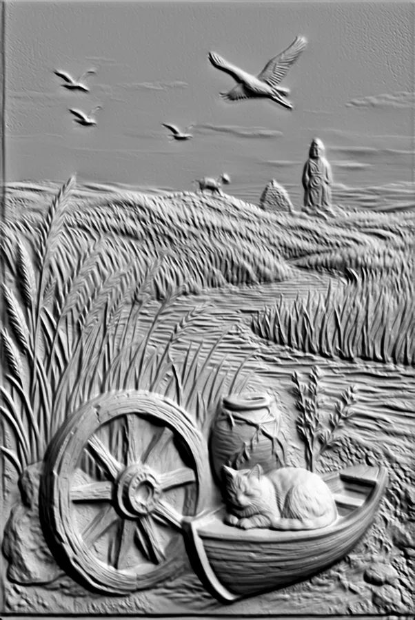 3D bas-relief model with cat sleeping in boat, near cart wheel, against field and flying birds.