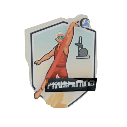 3D model of a senior man playing volleyball, mid-serve, wearing red sportswear and sunglasses.