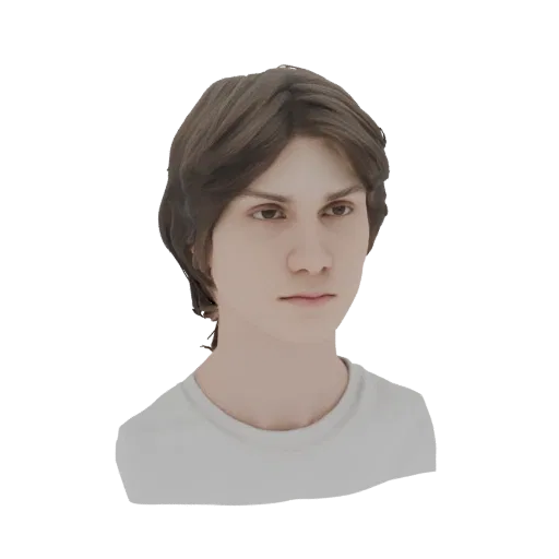 Render del modello 3D di un giovane con capelli castani scompigliati, che indossa una maglietta grigia, rivolto leggermente v