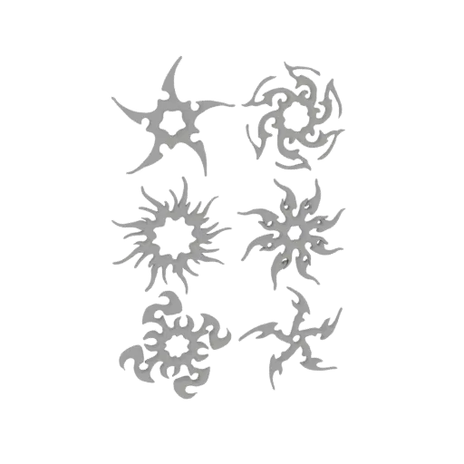 Ein 3D-Rendering, das sechs verschiedene Tribal Flame Starburst-Designs zeigt, angeordnet in zwei Spalten zu je drei.