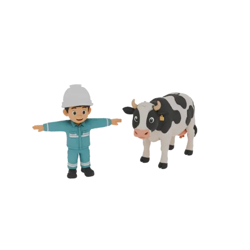 3D model of a cartoon construction worker in a blue uniform and hard hat, standing next to a black and white cow.