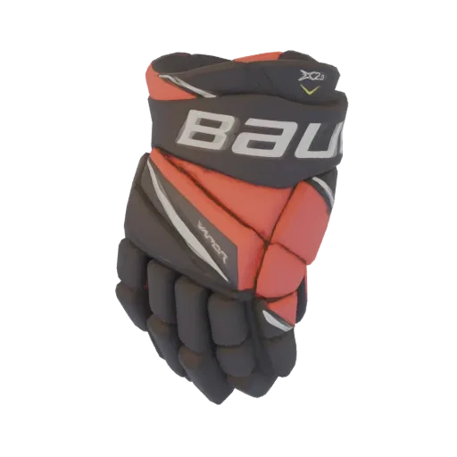 3D model of Bauer Vapor X2.3 hockey gloves, featuring red and black padding with white accents and prominent Bauer branding.