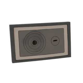 Modelo 3D de hornillo vintage con círculos concéntricos y acento de ojal, presentado sobre fondo blanco.
