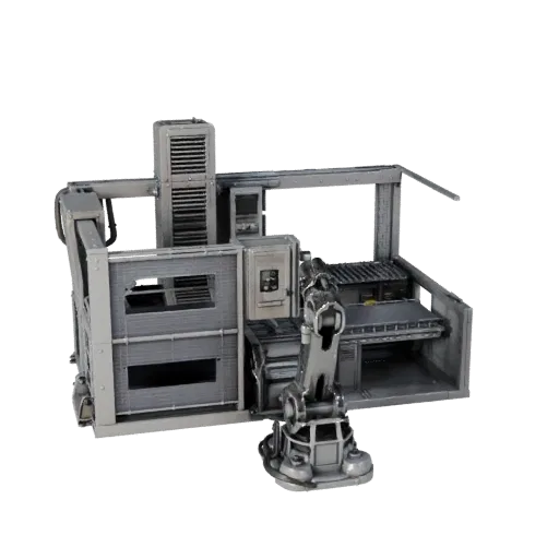 Assembly Robot Cell High Poly 3D model, close-up studio render, showing painted steel, machine stations.