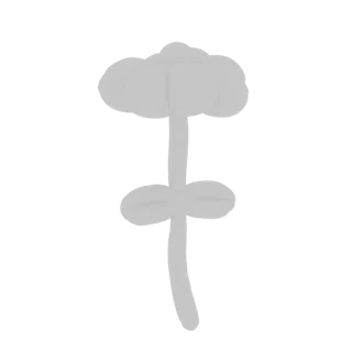 A 3D render of a stylized flower with rounded petals and two prominent leaves, presented in a neutral gray tone against a whi