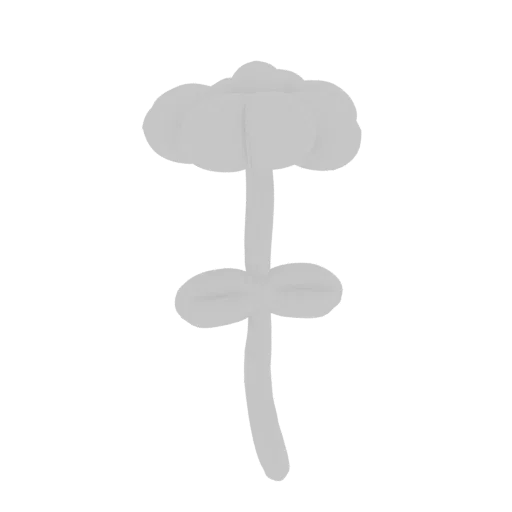 A 3D render of a stylized flower with rounded petals and two prominent leaves, presented in a neutral gray tone against a whi
