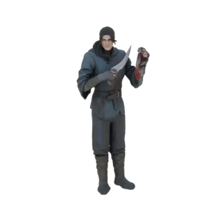 3D-Modell eines Ninjas in dunkler Kleidung, der einen blutigen Dolch und ein Stück Fleisch hält, mit Blutspritzern auf seiner