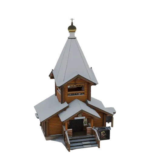 3D model of a wooden Orthodox chapel with a golden dome and cross, covered in snow, against a white background.