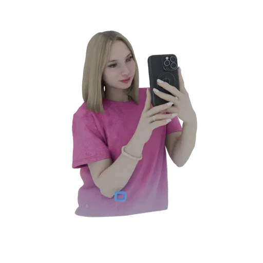3D model of a young woman with blonde hair, wearing a pink t-shirt, holding a smartphone and taking a selfie.