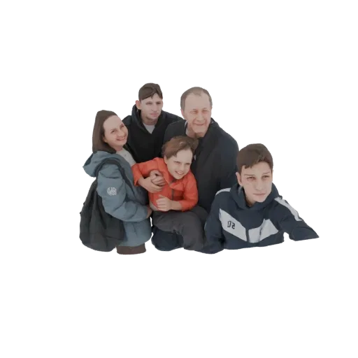 Modelo 3D generado por IA de un grupo familiar diverso, incluyendo adultos y niños, posados juntos en un conmovedor retrato.