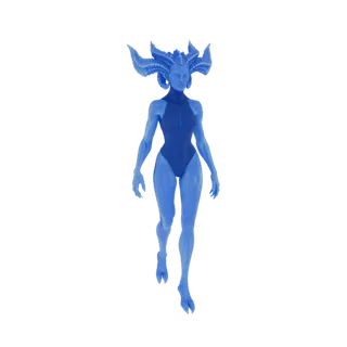 Rendu 3D corps entier d'une sorcière démoniaque bleue avec de grandes cornes torsadées, portant un justaucorps sombre, en pos
