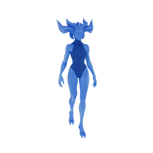 A full-body 3D render of a blue-skinned demonic sorceress with large, twisted horns, wearing a dark leotard, posed dynamicall