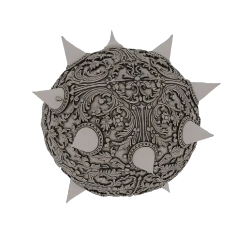 3D model of a spherical orb with intricate filigree carvings and sharp spikes, rendered on a white background.
