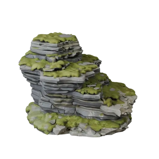 Mossy Stone Outcrop Realistic 3D model, three-quarter environment render, showing stratified stone, rock faces.