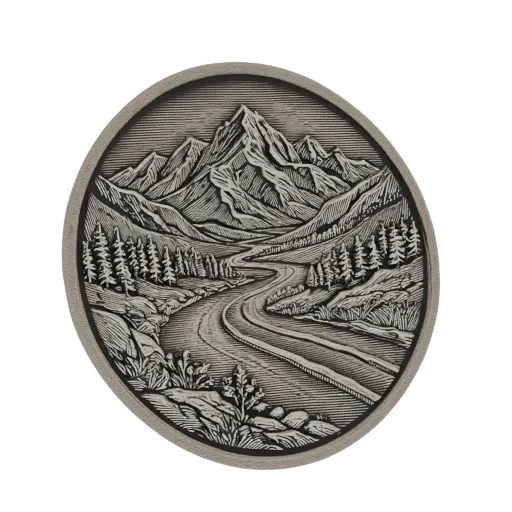 3D model of a circular engraving depicting a winding road through a mountain landscape with pine trees.