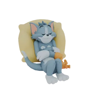 3D model of Tom the cat from Tom and Jerry sleeping peacefully on a yellow pillow, holding a small Jerry toy.