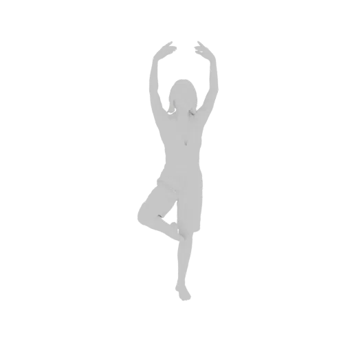 3D model of a person performing the yoga tree pose, with one leg bent and arms raised.