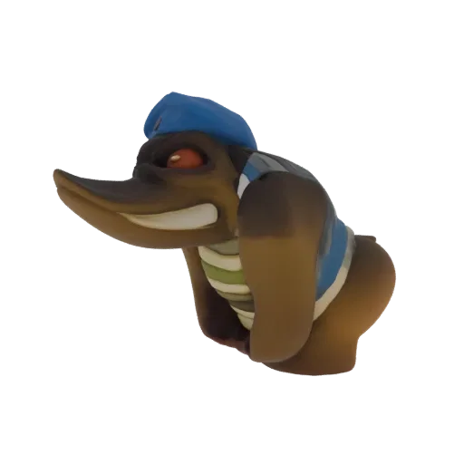 Modelo 3D de pato soldado antropomórfico usando boina azul e camisa listrada, com olhos vermelhos e expressão determinada.