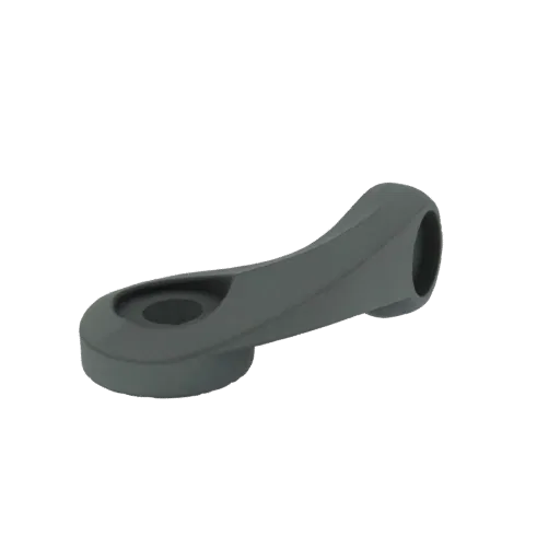 3D-Modell-Render einer grauen, gebogenen Fensterkurbel mit runder Basis und Befestigungsloch.