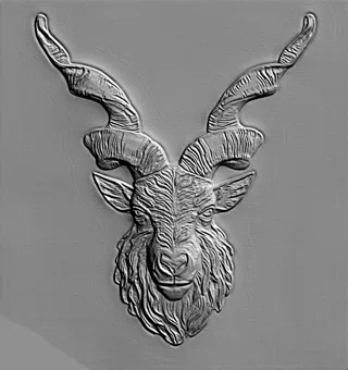 3D model of a Markhor head bas-relief, a Pakistani mountain goat with spiraling horns