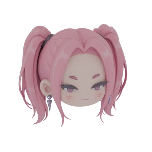 3D model of an anime girl's head with pink twin tails, large purple eyes, and a cute smile, set against a black background.