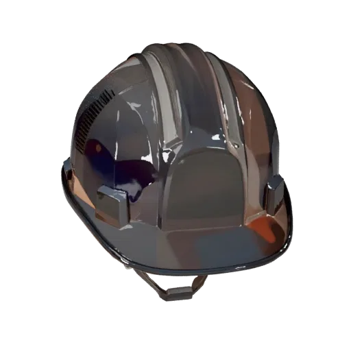Baustellenhelm Stilisierter 3D-Modell, stilisierter isometrischer Render, zeigt Kunststoffschalen, erkennbare Sicherheits-Silhouetten.