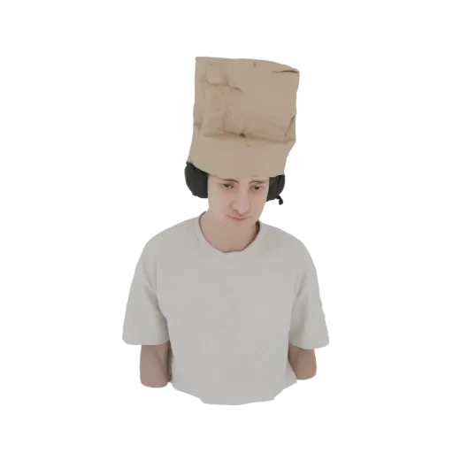 Render de modelo 3D de persona con bolsa de papel marrón como sombrero y auriculares negros.