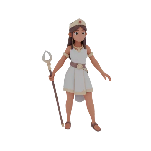 3D Modell einer altgriechischen Göttin in weißem Gewand mit Krone und Stab, stehend auf weißem Hintergrund.