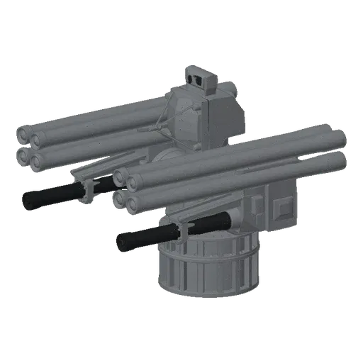 3D model of a futuristic missile turret with quad missile launchers on each side and a central targeting system, rendered in