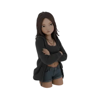 3D model of a teenage girl with brown hair, wearing a black hoodie and denim shorts, arms crossed, with a defiant expression.