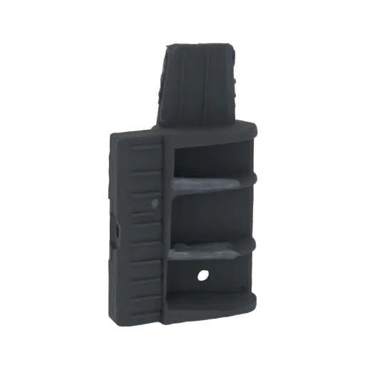 3D model of a dark gray plastic connector with visible grooves and interlocking features, presented against a white backgroun