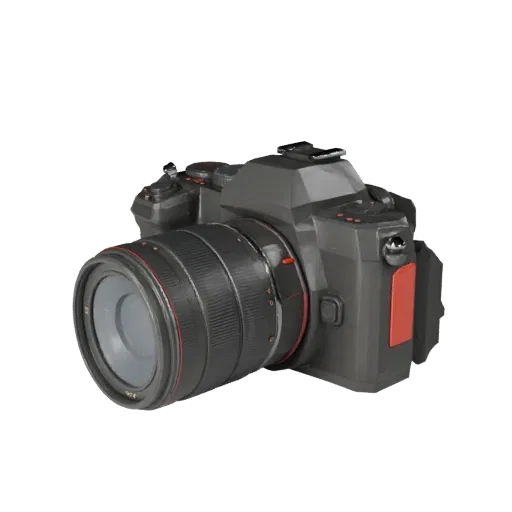 Mirrorless Camera Low Poly 3D model, game viewport three-quarter view, showing textured grips, lens barrels.