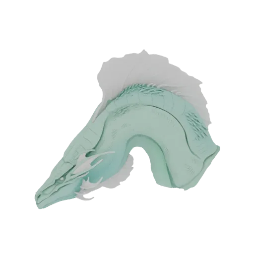 3D-Modell eines minzgrünen Drachenkopfes mit weißen Flossen, detaillierten Schuppen und einer spitzen Schnauze.