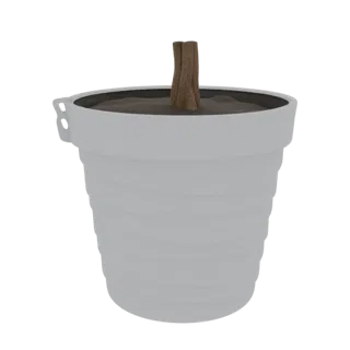 3D-Modell eines texturierten, gerippten Pflanztopfs, gefüllt mit dunkler Erde und einem einzelnen braunen Holzstiel.