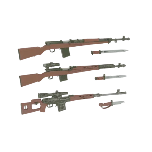 3D model of three WWII-era sniper rifles with bayonets, displayed side-by-side.
