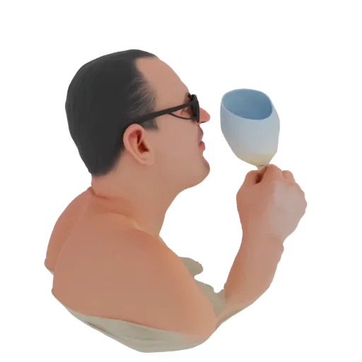 Render de modelo 3D de un hombre con gafas, de perfil, llevándose una copa de vino a la boca.