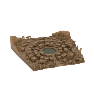 Modelo 3D de una antigua ciudad desértica con una fuente central, rodeada de pequeños edificios y un templo en una colina.
