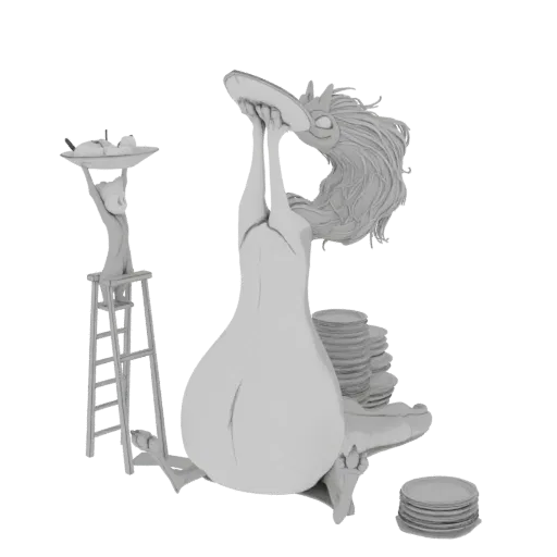 3D model of a whimsical creature with a large body balancing a plate on its head, with a figure on a ladder to the left holdi
