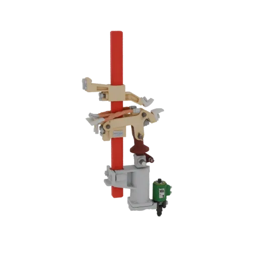3D model of an industrial disconnector mechanism with red rod and metallic components against a black background.