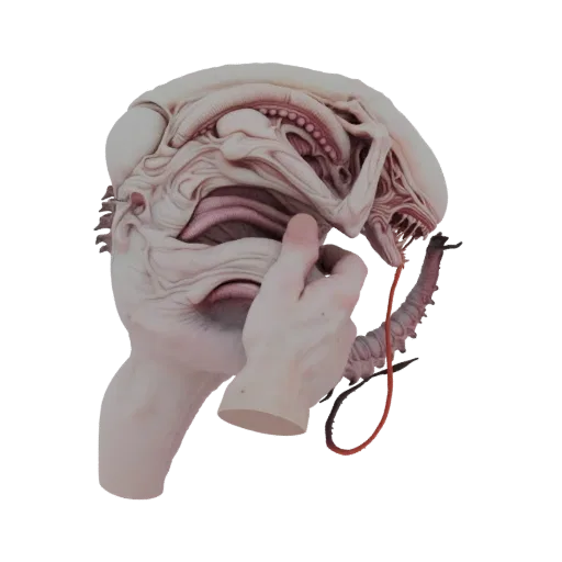 3D model of an Alien Facehugger with a human hand reaching towards its head, against a white background.