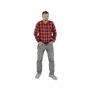 3D model of a man wearing a red plaid shirt and grey pants, standing with his hands in his pockets.