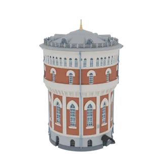 3D model of a red brick Victorian water tower with white trim and a grey domed roof, set against a white background.