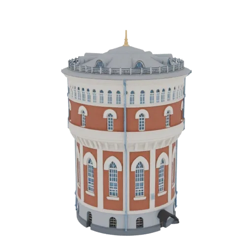 3D-Modell eines roten Backstein-Wasserturms im viktorianischen Stil mit weißem Zierrat und grauem Kuppeldach vor weißem Hinte