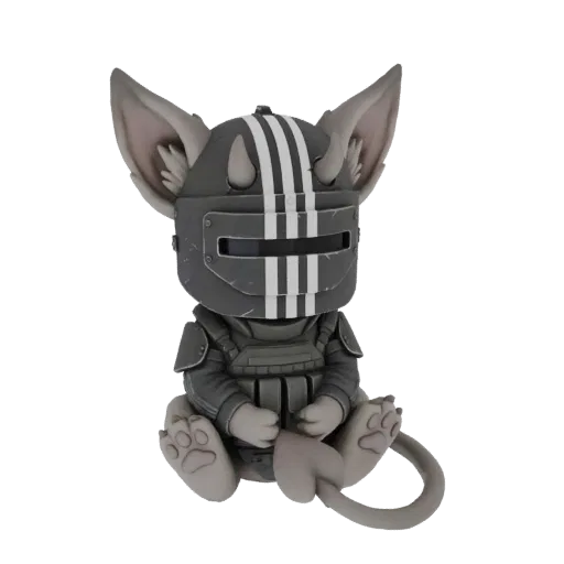 3D model of a chibi rat soldier wearing a grey tactical helmet with white stripes and body armor, sitting down with paws forw