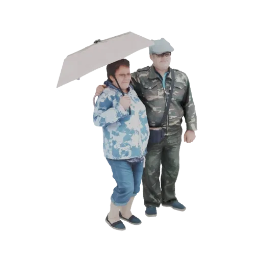 3D model of a couple, a man and a woman, sharing an umbrella, with the man's arm around the woman.