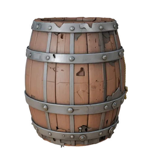 Pirate Barrel 3D model, three-quarter front view, Unreal Engine viewport, showing wood planks, stackable massing.