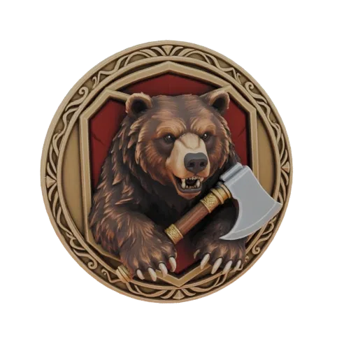 3D render of a fierce brown bear holding an axe, set within a detailed circular emblem with tribal motifs.