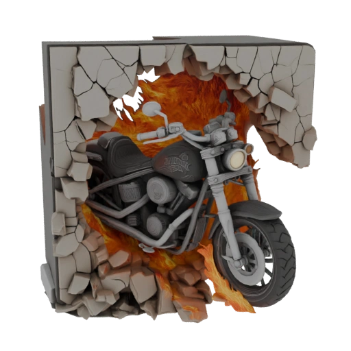 Motorcycle Breaking Through Wall with Flames 3D Model
